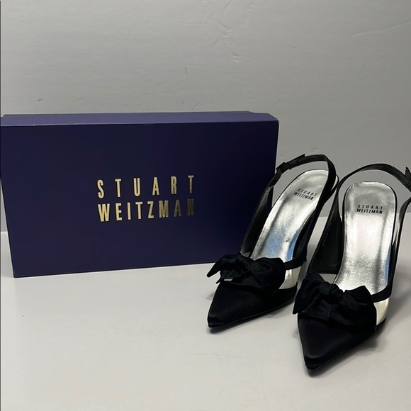 Stuart Weitzman Babe Black Satin Heels, size 8 slingback, bow front with mesh - Picture 2 of 12